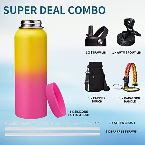 40 oz Water Bottle with Straw - Stainless Steel Water Bottles Insulated w/Auto Spout Lid, Strap Carrying Case, Paracord Handle, Silicone Boot, Triple Wall Metal Water Flask Thermo Mug Keep Cold Hot