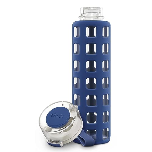 Ello Syndicate Glass Water Bottle with One-Touch Flip Lid and Protective Silicone Sleeve and Carry Loop, BPA Free, Dishwasher Safe, Bold Blue, 20oz