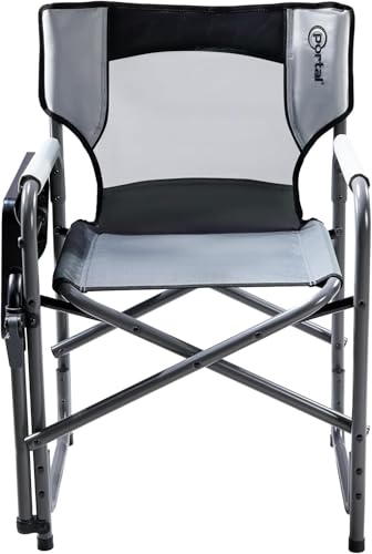 PORTAL Tablet Table Camping Directors Chair, Foldable Camp Chair with 2-Way Rotatable Side Table, Outdoor Folding Chairs for Adults, Heavy Duty Supports 300LBS for Lawn Patio Beach, Grey