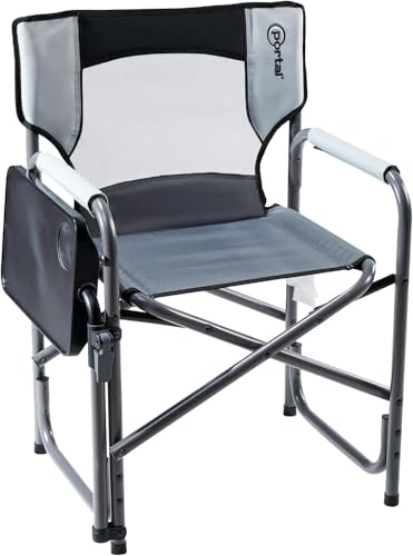PORTAL Tablet Table Camping Directors Chair, Foldable Camp Chair with 2-Way Rotatable Side Table, Outdoor Folding Chairs for Adults, Heavy Duty Supports 300LBS for Lawn Patio Beach, Grey