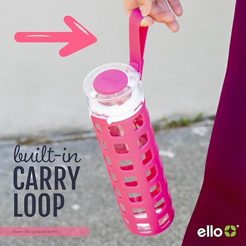 Ello Syndicate Glass Water Bottle with One-Touch Flip Lid and Protective Silicone Sleeve and Carry Loop, BPA Free, Dishwasher Safe, Bold Blue, 20oz