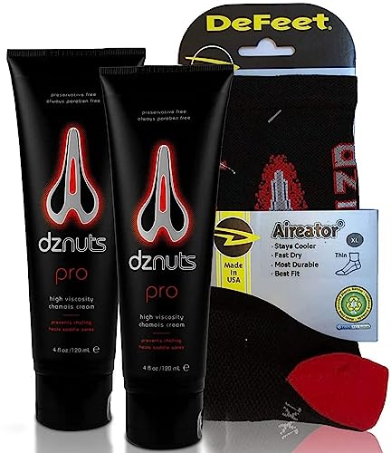 dznuts Men's Pro Chamois Cream, Anti -Chafing Cream for Saddle Sores, Chafing, Rubbing, Inner Thighs Friction for Cyclists, Runners, Triathletes - 2 Pack + Biking Socks