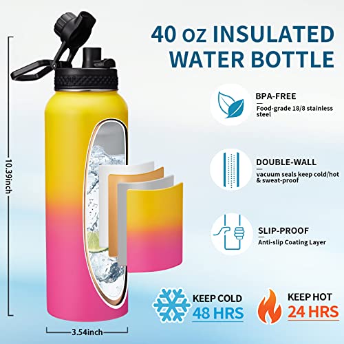 40 oz Water Bottle with Straw - Stainless Steel Water Bottles Insulated w/Auto Spout Lid, Strap Carrying Case, Paracord Handle, Silicone Boot, Triple Wall Metal Water Flask Thermo Mug Keep Cold Hot