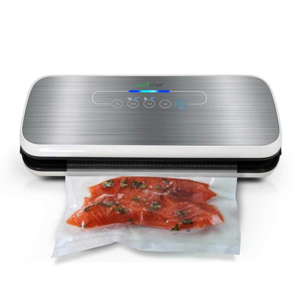 NutriChef PKVS Sealer - Automatic Vacuum Air Sealing Food Preservation System w/Starter Kit - Compact Design, Lab Tested, Dry and Moist Food Preserve Modes, Led Indicator Lights, 12", Silver