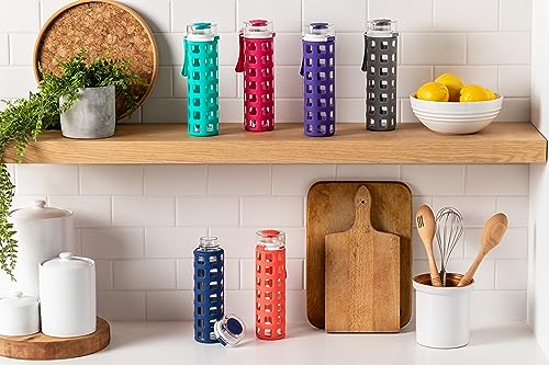 Ello Syndicate Glass Water Bottle with One-Touch Flip Lid and Protective Silicone Sleeve and Carry Loop, BPA Free, Dishwasher Safe, Bold Blue, 20oz