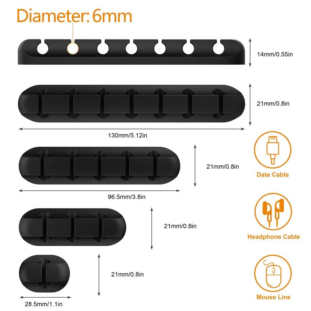 Cable Organizer Clips Cord Holder - 5 Packs Self Adhesive Cable Management for USB Cable/Power Cord/Wire, Car and Desk, Home and Office (7-5-3-1-1 Slots) Black Cord Organizer