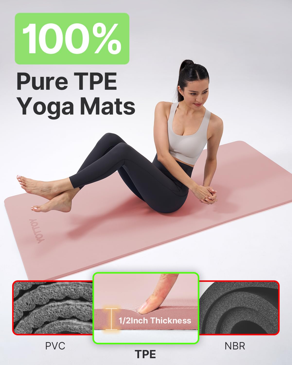 YOTTOY Yoga Mat,Extra Thick Yoga Mat (1/2inch),Professional TPE Exercise Mat,Non-Slip Workout Mat for Yoga, Pilates, Fitness, Barefoot Workouts, Home Gym Studio with Strap