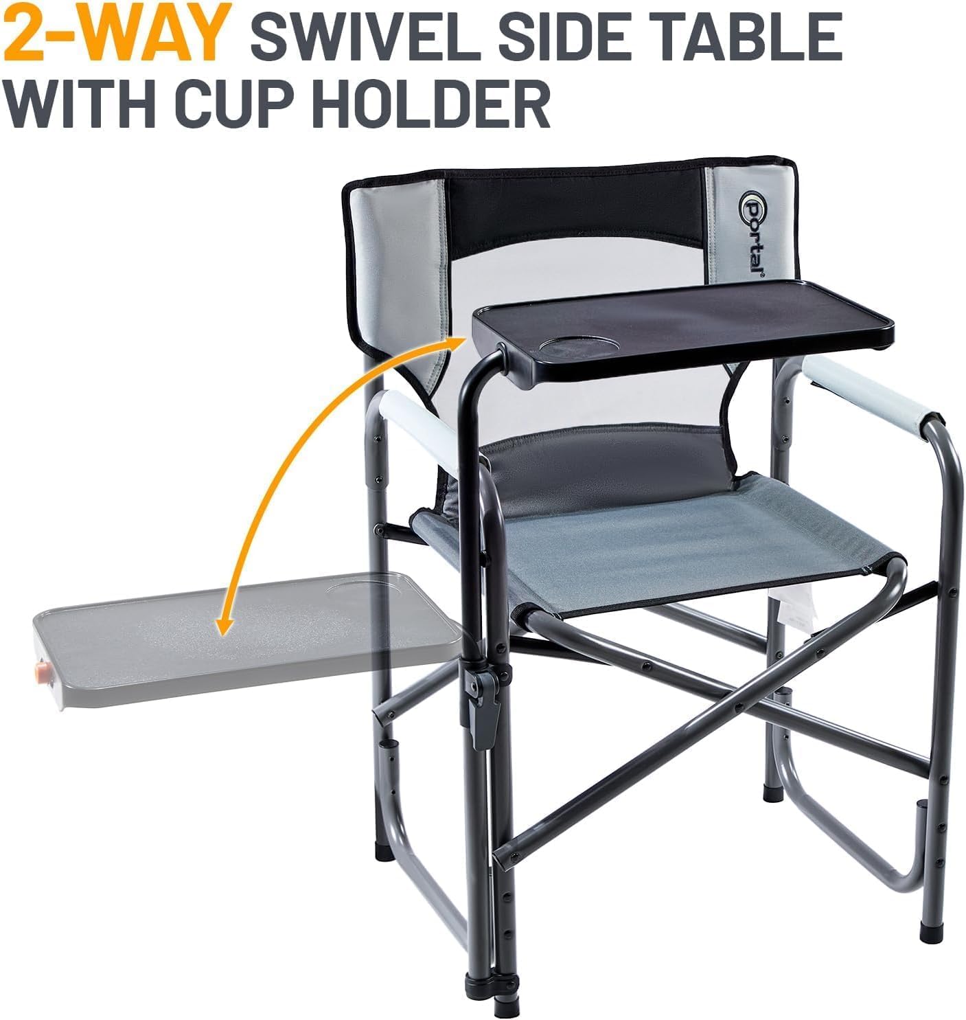 PORTAL Tablet Table Camping Directors Chair, Foldable Camp Chair with 2-Way Rotatable Side Table, Outdoor Folding Chairs for Adults, Heavy Duty Supports 300LBS for Lawn Patio Beach, Grey