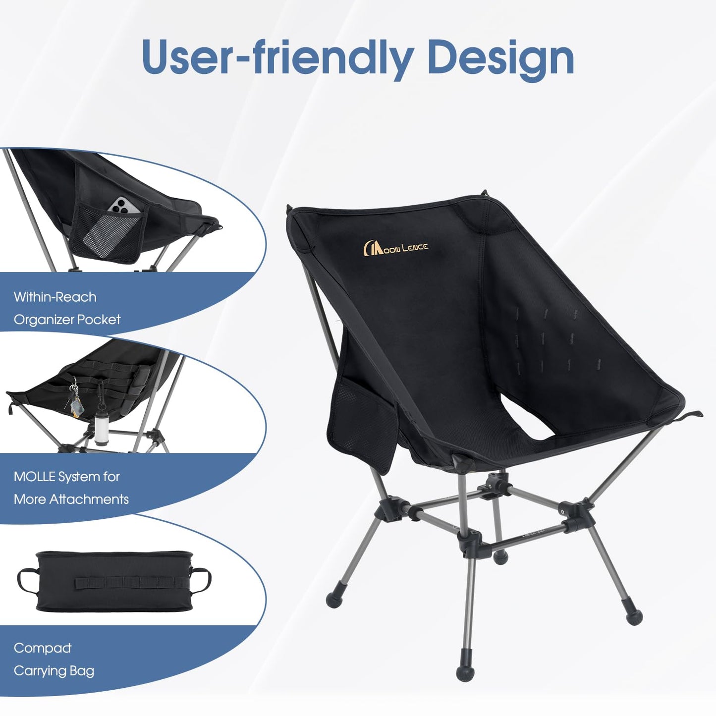 MOON LENCE Camping Chair Plus, Upgraded Comfort & Size, Still Compact and Lightweight, Folding Portable Chair for Backpacking & Hiking, 400Lbs Capacity, Gen 3 Plus (Black (Plus))