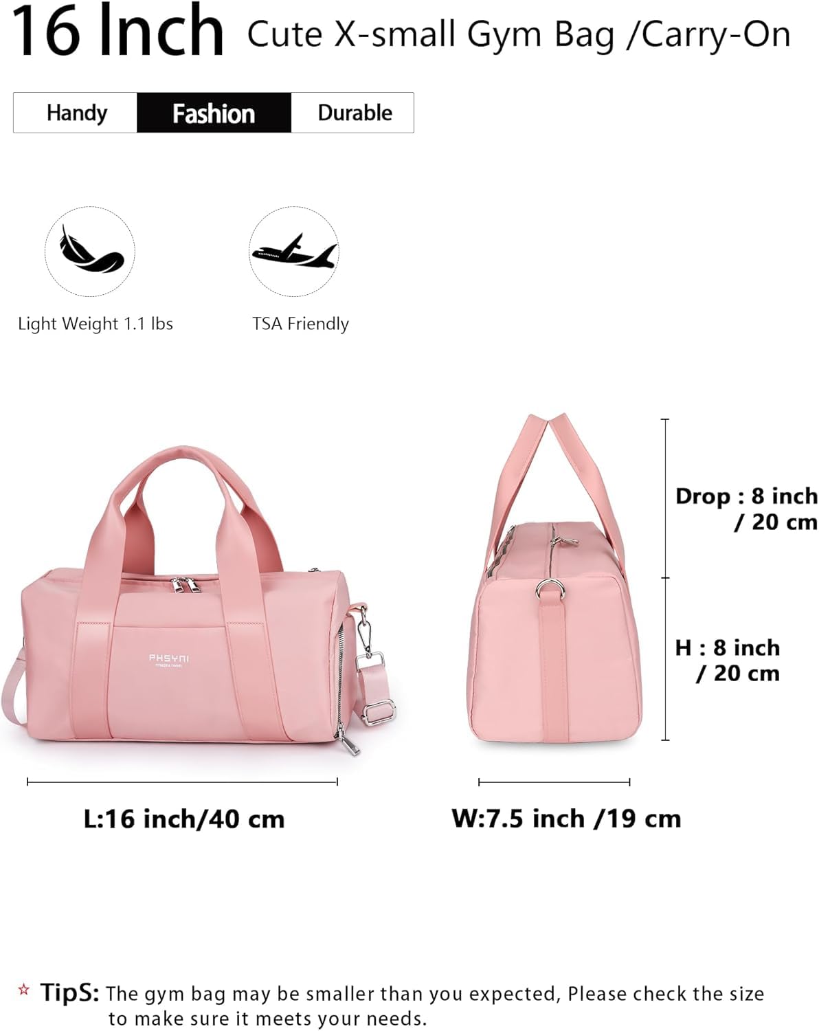 PHSYNI Compact Sports Gym Bag for Women Girls, Cute Mini Duffle Bag with Wet Pocket & Shoes Compartment, Personal Item Travel Workout Bag, 16"-Small, Pink