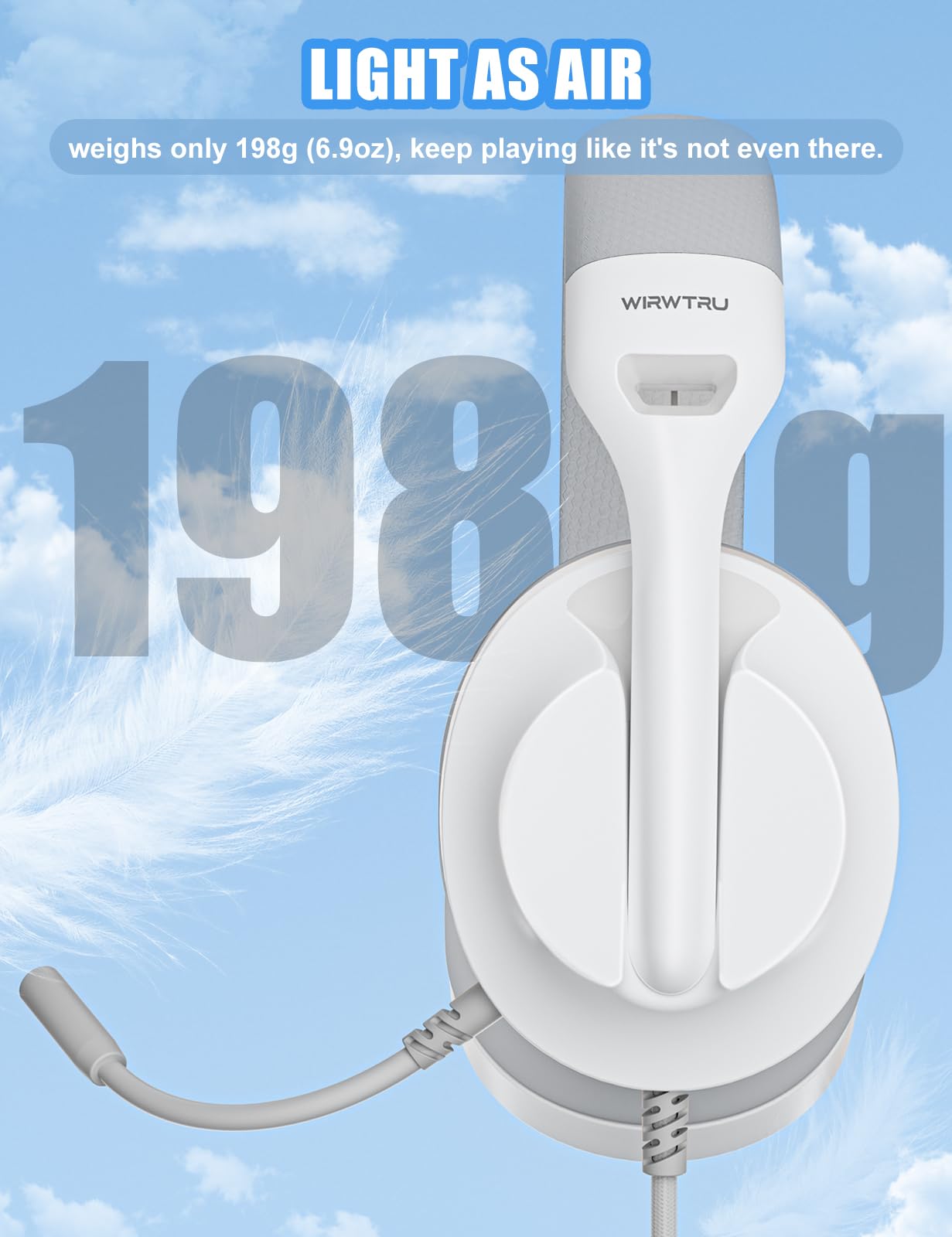 WIRWTRU S30 Gaming Headset with Microphone,198g Lightweight Design, Gaming Headphones for Xbox, Xbox Series X|S, PS5, PS4,Switch, PC, Noise Cancelling Mic, Soft Earmuffs,3.5MM Wired (White)