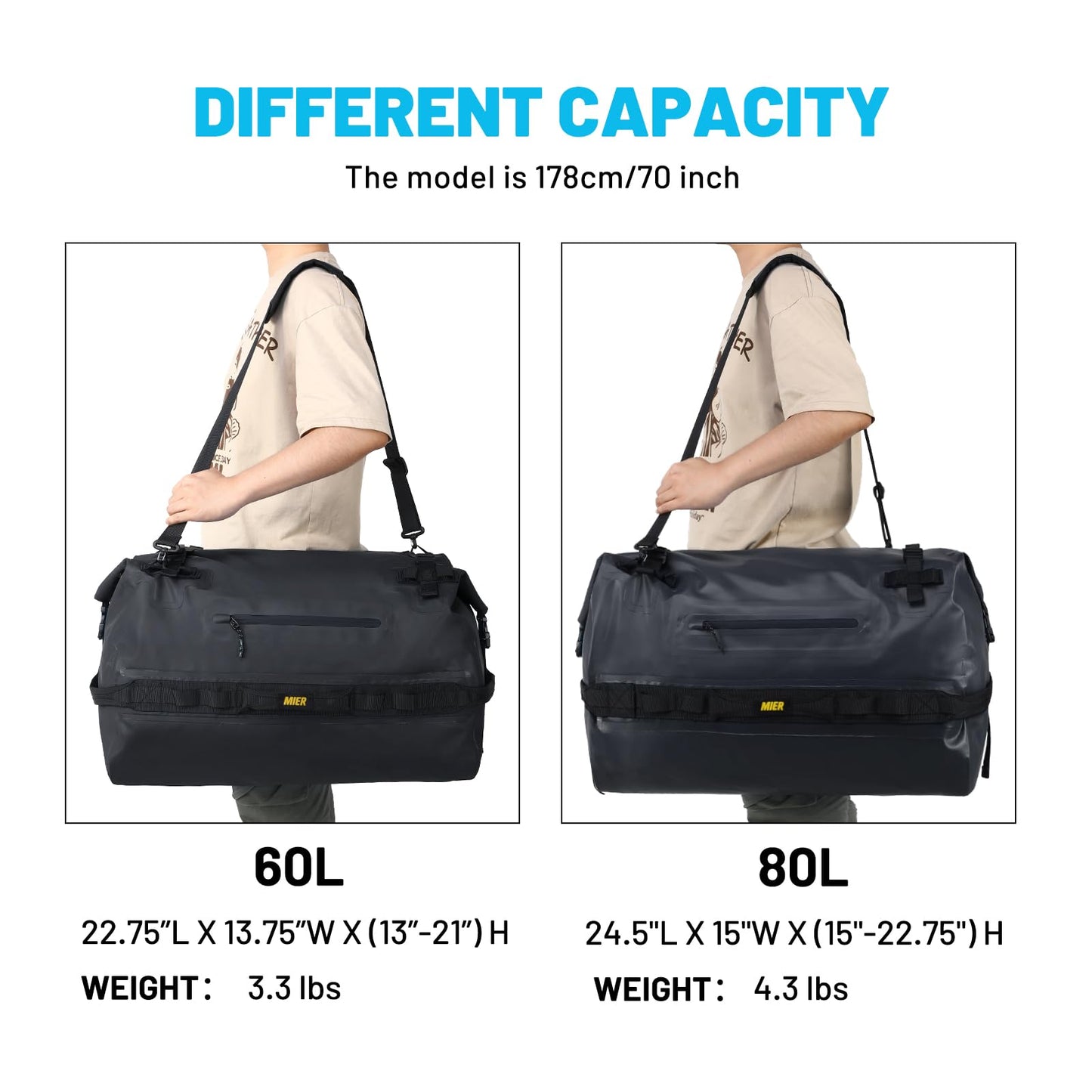 MIER Large Waterproof Duffel Bag Rolltop Dry Backpack Duffle Bags for Kayaking, Rafting, Boating, Swimming, Camping, Travel, Gym, Beach, 60L, Black