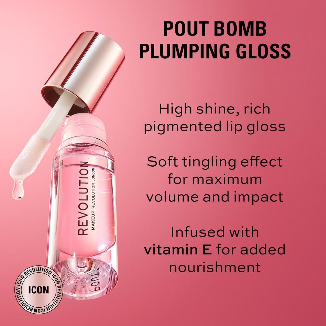 Revolution Beauty London Pout Bomb Plumping Gloss, High Shine, Rich Pigment, Soft Tingle Effect, Nude