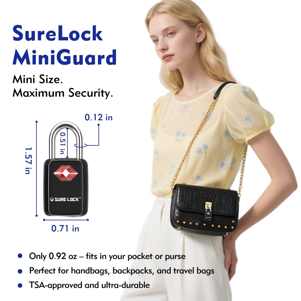 SURE LOCK TSA Approved Luggage Locks - One Key Opens All, Compact & Durable Zinc Alloy Travel Lock with Steel Shackle, Keyed Alike (Black 2 Locks, Mini Size for Suitcase/Backpack/Gym Locker)