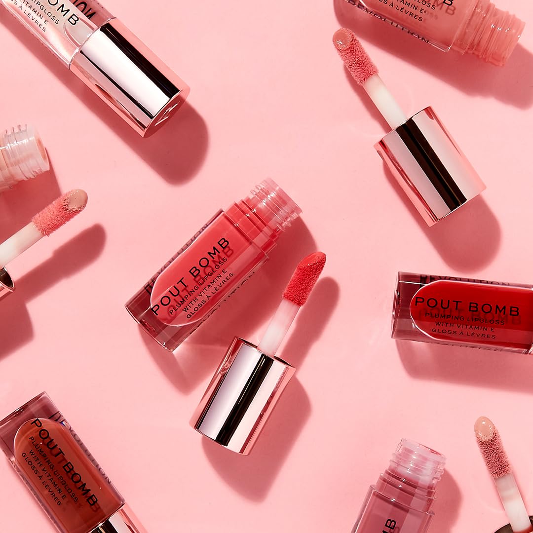 Revolution Beauty London Pout Bomb Plumping Gloss, High Shine, Rich Pigment, Soft Tingle Effect, Nude