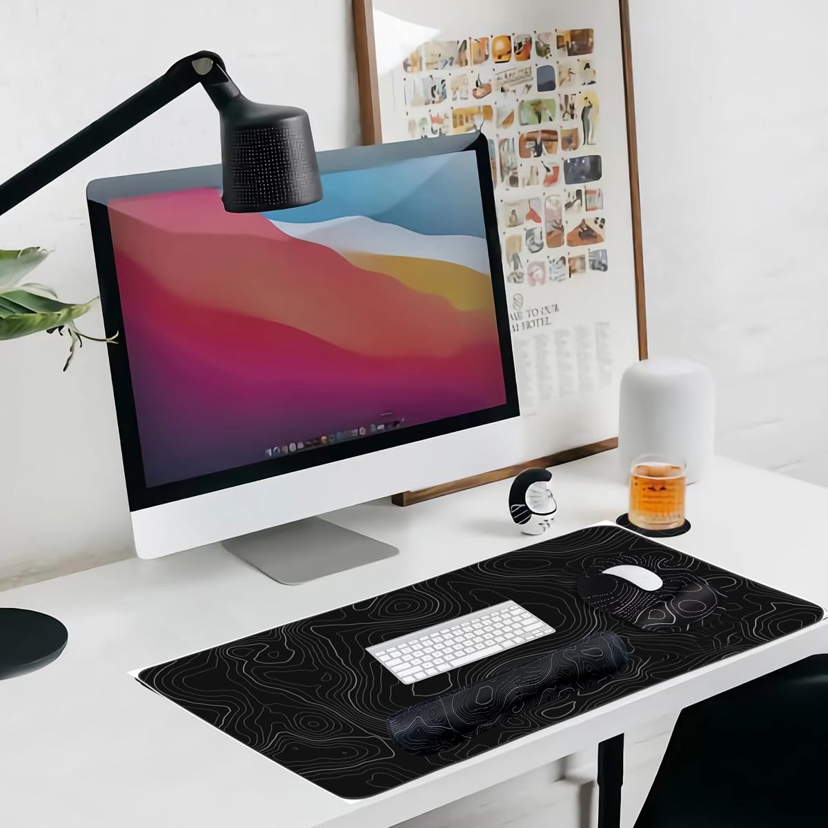 4-in-1 Gaming Mouse Pad Wrist Support Set,Desk Pad + Mouse Pad with Wrist Rest + Keyboard Wrist Rest + Coaster, Ergonomic Design for Home Office Study Game - Topographic Contour