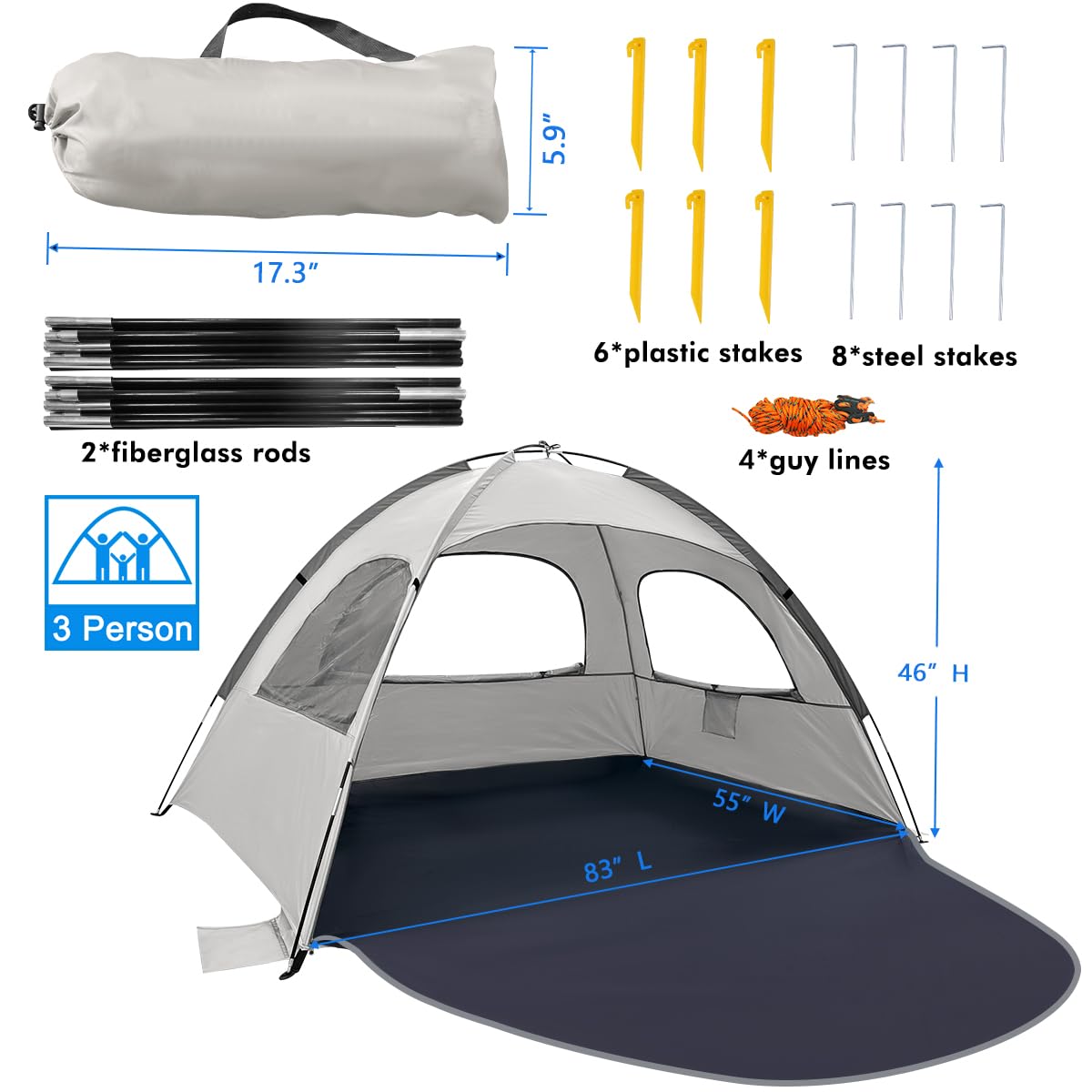 WhiteFang Beach Tent Anti-UV Portable Sun Shade Shelter for 3 Person, Extendable Floor with 3 Ventilating Mesh Windows Plus Carrying Bag, Stakes and Guy Lines (Baby's Breath)