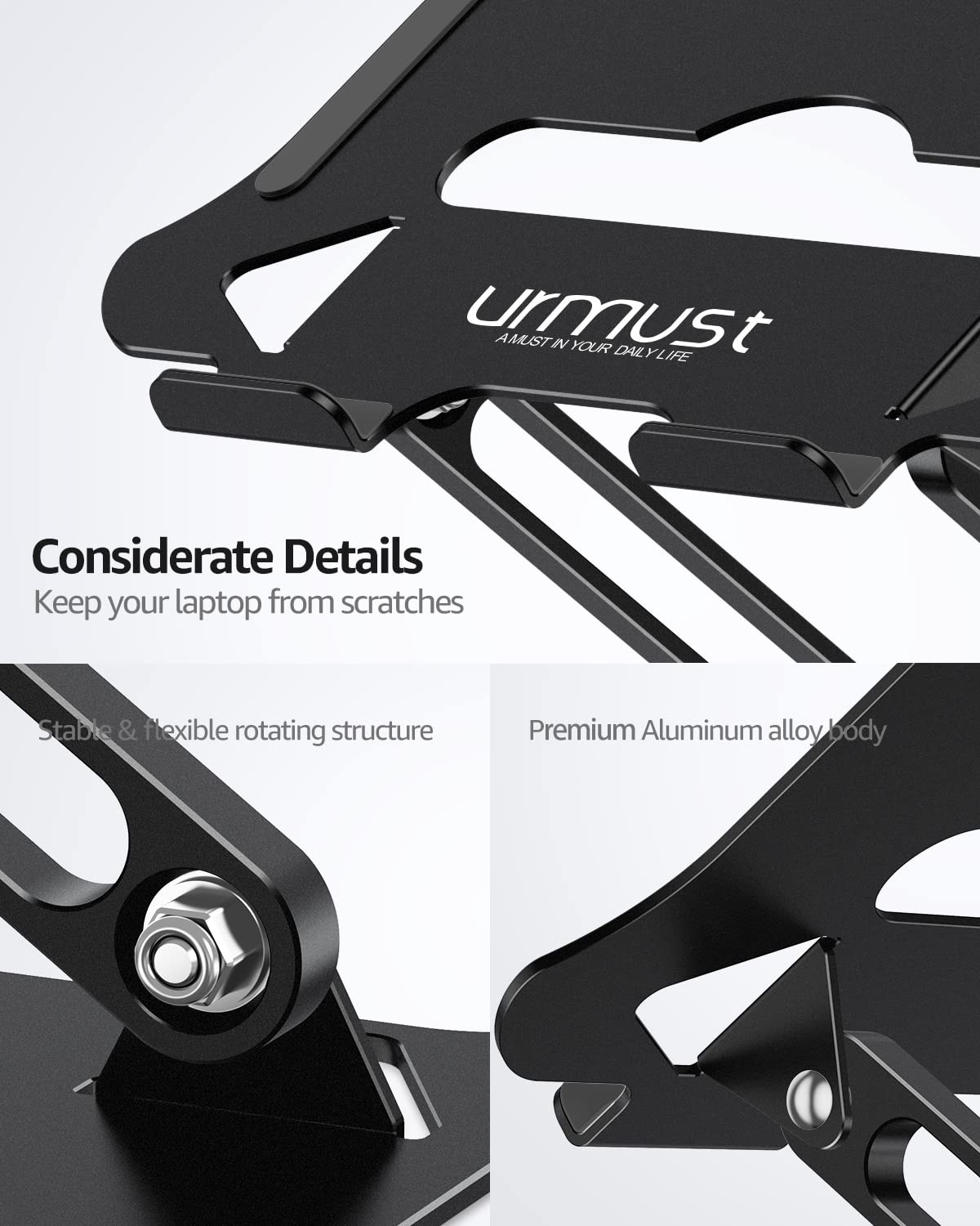 Urmust Laptop Notebook Stand Holder Adjustable Laptop Stand Portable Computer Riser Compatible with MacBook Air Pro HP Dell XPS Lenovo All Laptops 10-15.6"(Black)