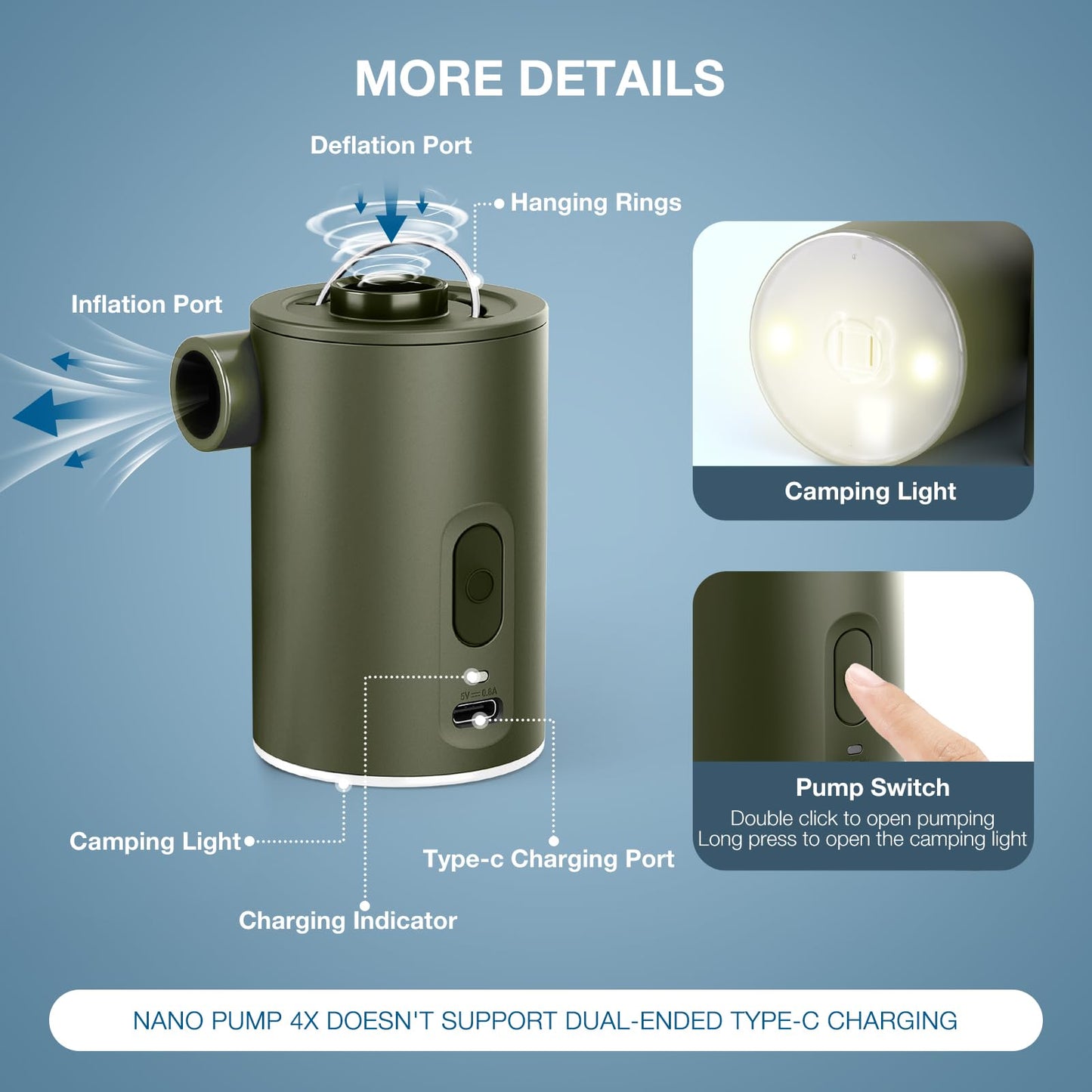 Portable Air Pump for Inflatables, Ultra-Mini Air Mattress Pump 4X with 1600mAh Battery & Camping Light, USB Rechargeable Air Pump for Swimming Rings, Pool Floats, Sleeping Pads, Vacuum Storage Bags