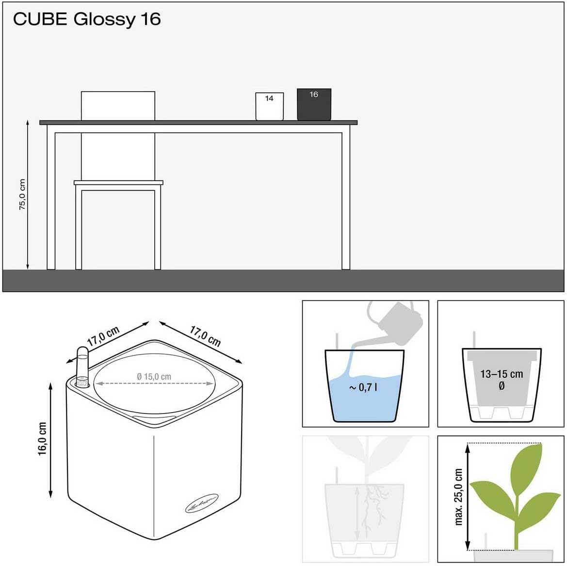 Lechuza Glossy Cube 16 Self-Watering Planter with Water Level Indicator, High Gloss Scarlet Red