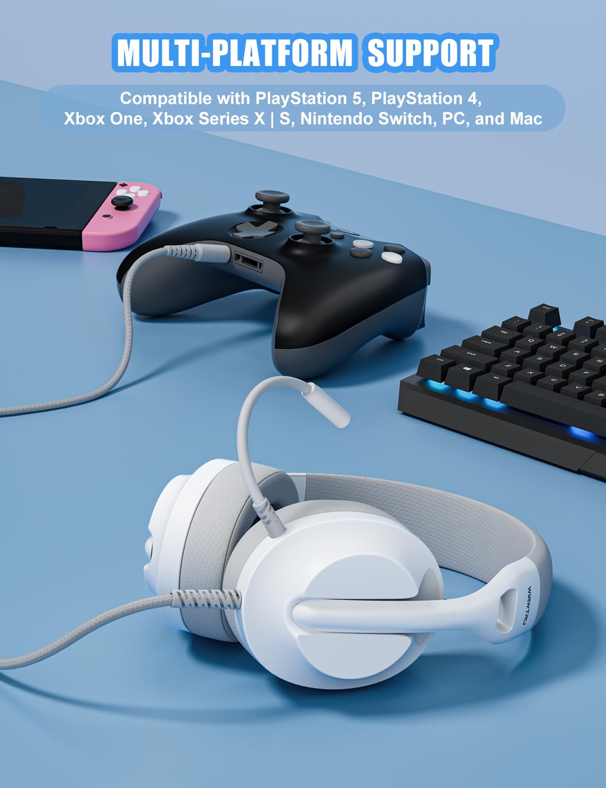 WIRWTRU S30 Gaming Headset with Microphone,198g Lightweight Design, Gaming Headphones for Xbox, Xbox Series X|S, PS5, PS4,Switch, PC, Noise Cancelling Mic, Soft Earmuffs,3.5MM Wired (White)