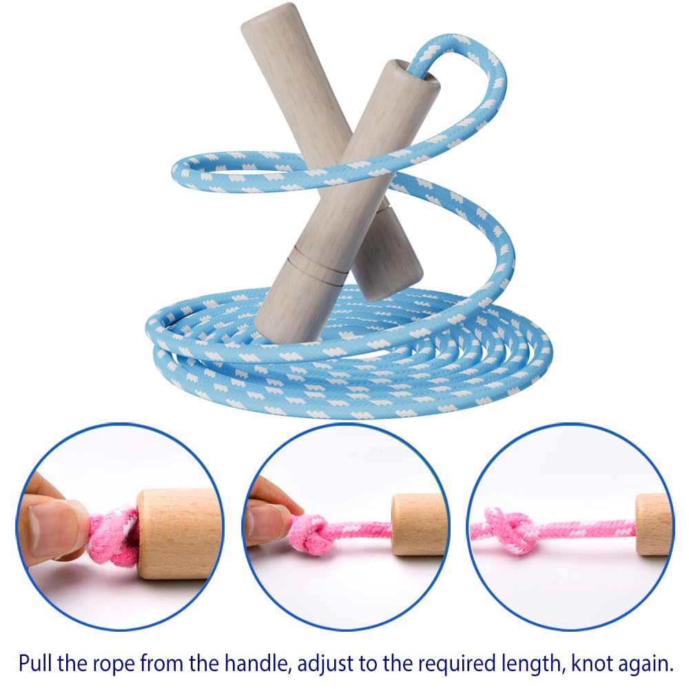 Cotton Jump Rope for Kids - Wooden Handle - Adjustable Cotton Braided Fitness Skipping Rope - Outdoor Fun Activity, Great Party Favor, Exercise Activity, Pack of 2 (Blue+Green)