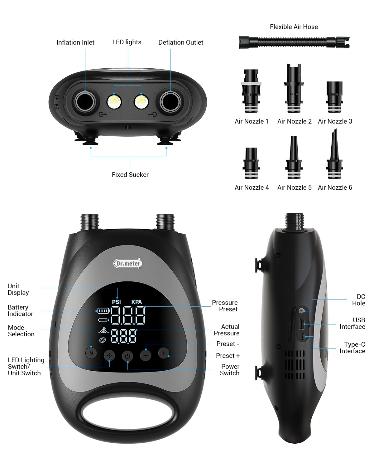 Dr.meter Paddle Board Pump, Rechargeable 20PSI High Pressure Dual Powered Portable Electric SUP Air Pump with LED Light Auto-Off Inflate Deflate, for Stand Up Paddle Boards Inflatable Kayaks Boats