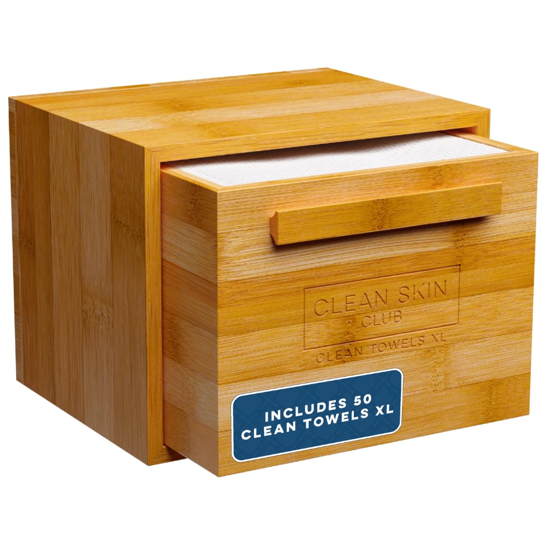 CLEAN SKIN CLUB Luxe Bamboo Box with Drawer & Towels XL, USDA Certified 100% Biobased Dermatologist Approved Face Towel, Disposable Makeup Remover Dry Wipes, Facial Wash (Bamboo Container Drawer)