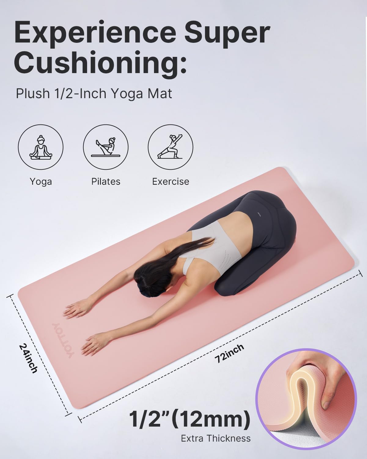 YOTTOY Yoga Mat,Extra Thick Yoga Mat (1/2inch),Professional TPE Exercise Mat,Non-Slip Workout Mat for Yoga, Pilates, Fitness, Barefoot Workouts, Home Gym Studio with Strap