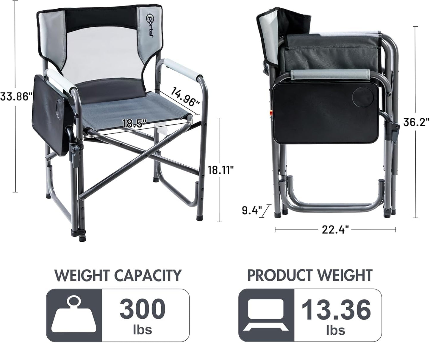 PORTAL Tablet Table Camping Directors Chair, Foldable Camp Chair with 2-Way Rotatable Side Table, Outdoor Folding Chairs for Adults, Heavy Duty Supports 300LBS for Lawn Patio Beach, Grey