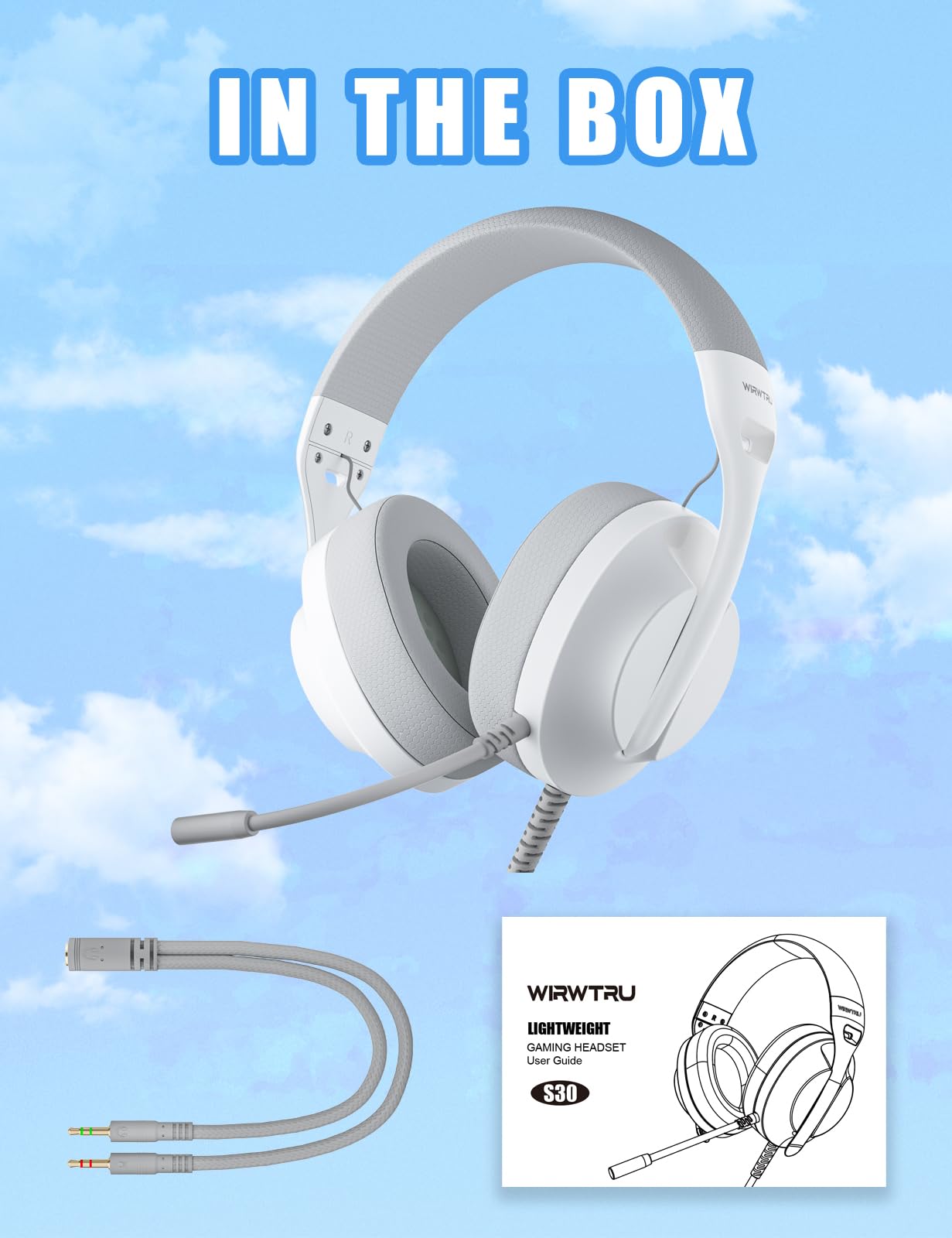 WIRWTRU S30 Gaming Headset with Microphone,198g Lightweight Design, Gaming Headphones for Xbox, Xbox Series X|S, PS5, PS4,Switch, PC, Noise Cancelling Mic, Soft Earmuffs,3.5MM Wired (White)