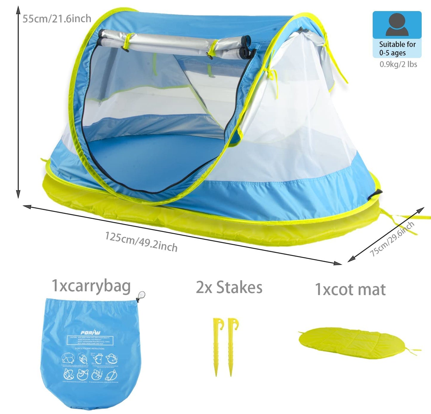 porayhut Portable Pop Up Kids Beach Tent with Mat UPF 50+ Sun Shelter for Mosquito Net,Large Sunshade Kids Travel Tent with Mat and 2 Stakes