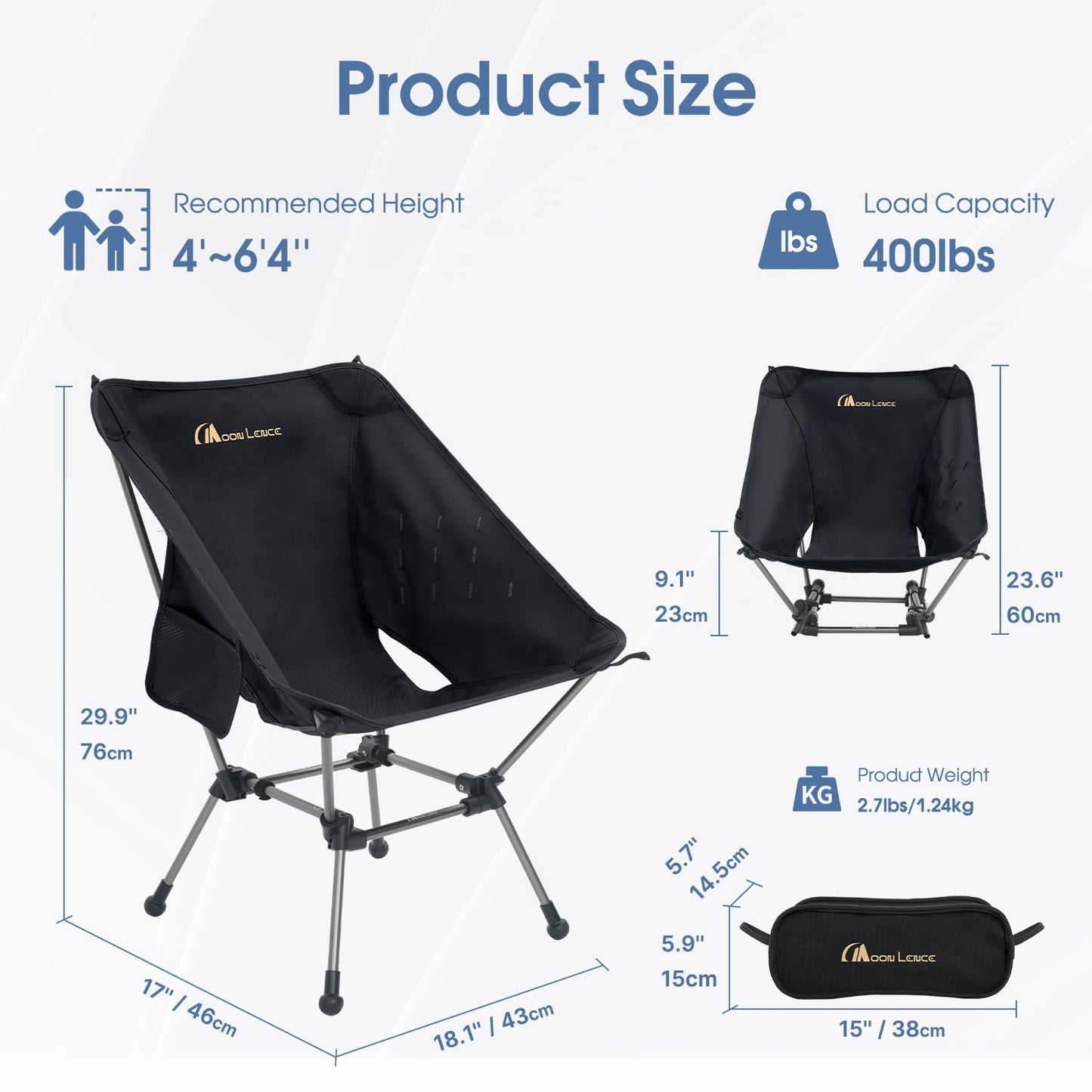 MOON LENCE Camping Chair Plus, Upgraded Comfort & Size, Still Compact and Lightweight, Folding Portable Chair for Backpacking & Hiking, 400Lbs Capacity, Gen 3 Plus (Black (Plus))