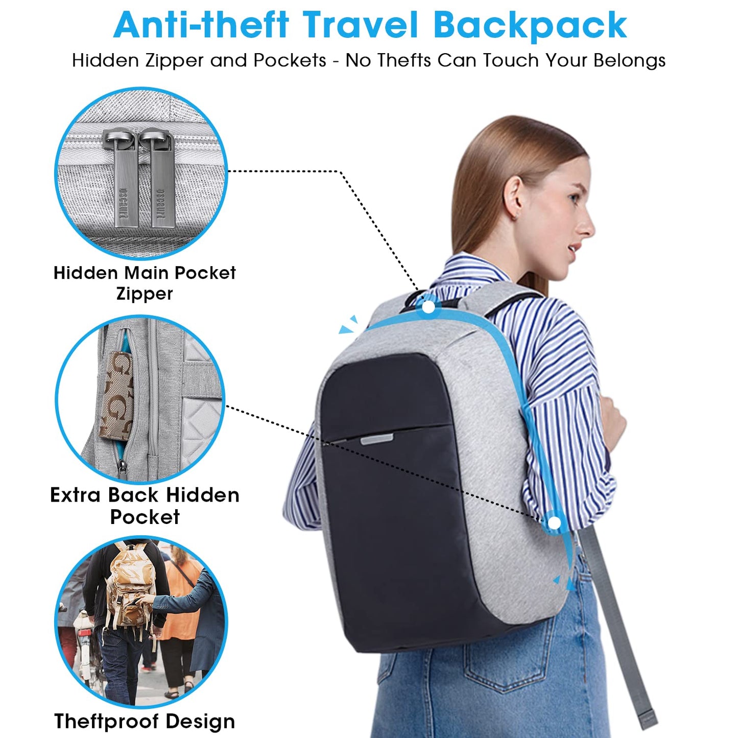 oscaurt Anti Theft Backpack 15.6 Inch Laptop Travel Backpack with Hidden Zipper and USB Charging Port Waterproof Business Computer Bag for Men & Women