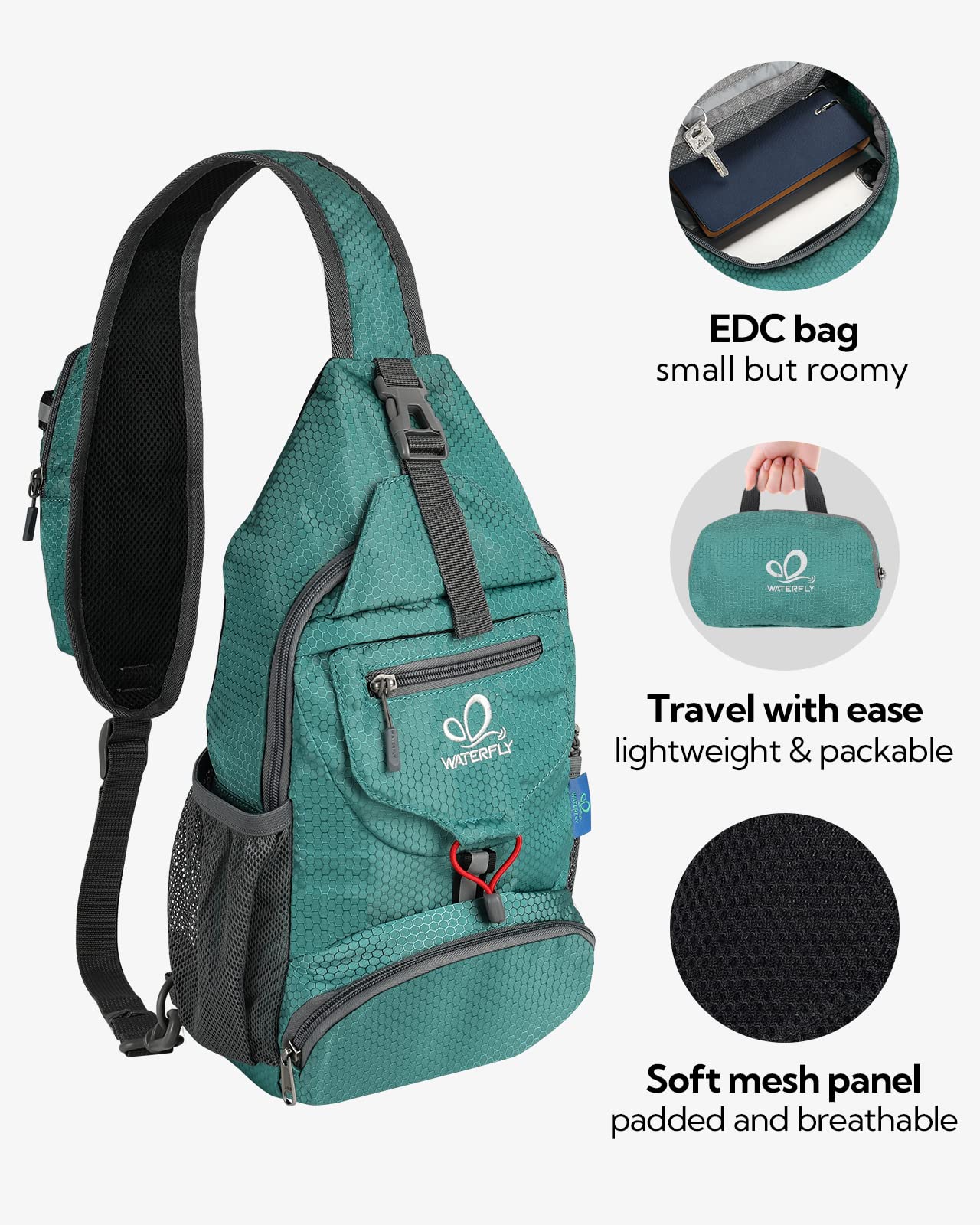 WATERFLY Packable Small Crossbody Sling Backpack Shoulder Chest Bag Daypack for Hiking Traveling