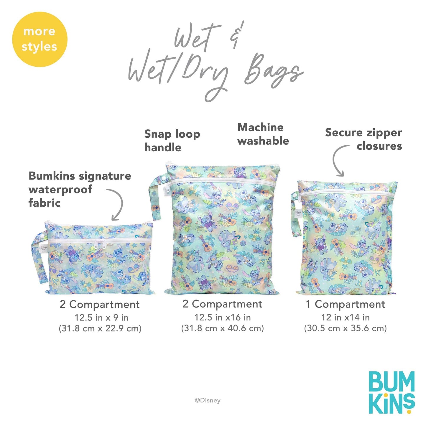 Bumkins Disney Waterproof Wet Bag for Baby, Travel, Swim Suit, Cloth Diapers, Pump Parts, Pool, Beach, Gym Clothes, Toiletry, Hook to Stroller, Daycare, Zip Reusable Wetdry Packing Pouch, Mickey Mouse