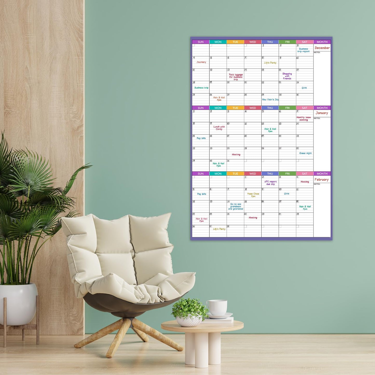 Large Dry Erase Calendar For Wall - Undated 3 Month Calendar, 28'' x 40'', Erasable & Reusable Laminated White Board With 8 Round Stickers, Vertical Layout for Office, Classroom and Home