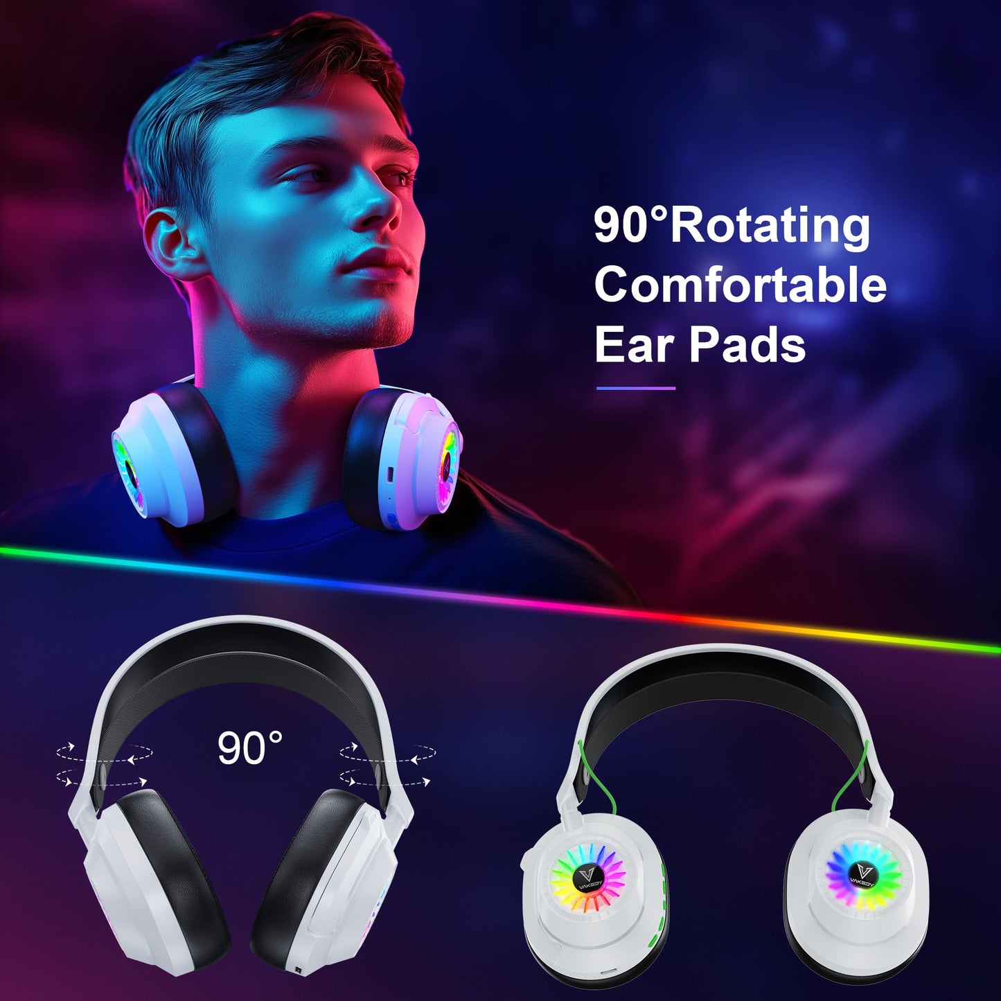 Vakedy HW10 Wireless Gaming Headset for PS5,PS4,PC,2.4GHz Bluetooth Gaming Headphones with Noise Cancelling Microphone,50Hr Battery Gamer Headset for Switch, Laptop,Mobile,Mac,Cool RGB (White)
