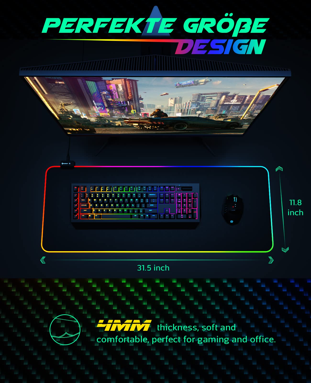 RGB Gaming Mouse Pad, UtechSmart Large Extended Soft Led Mouse Pad with 14 Lighting Modes 2 Brightness Levels, Computer Keyboard Mousepads Mat 800 x 300mm / 31.5×11.8 inches