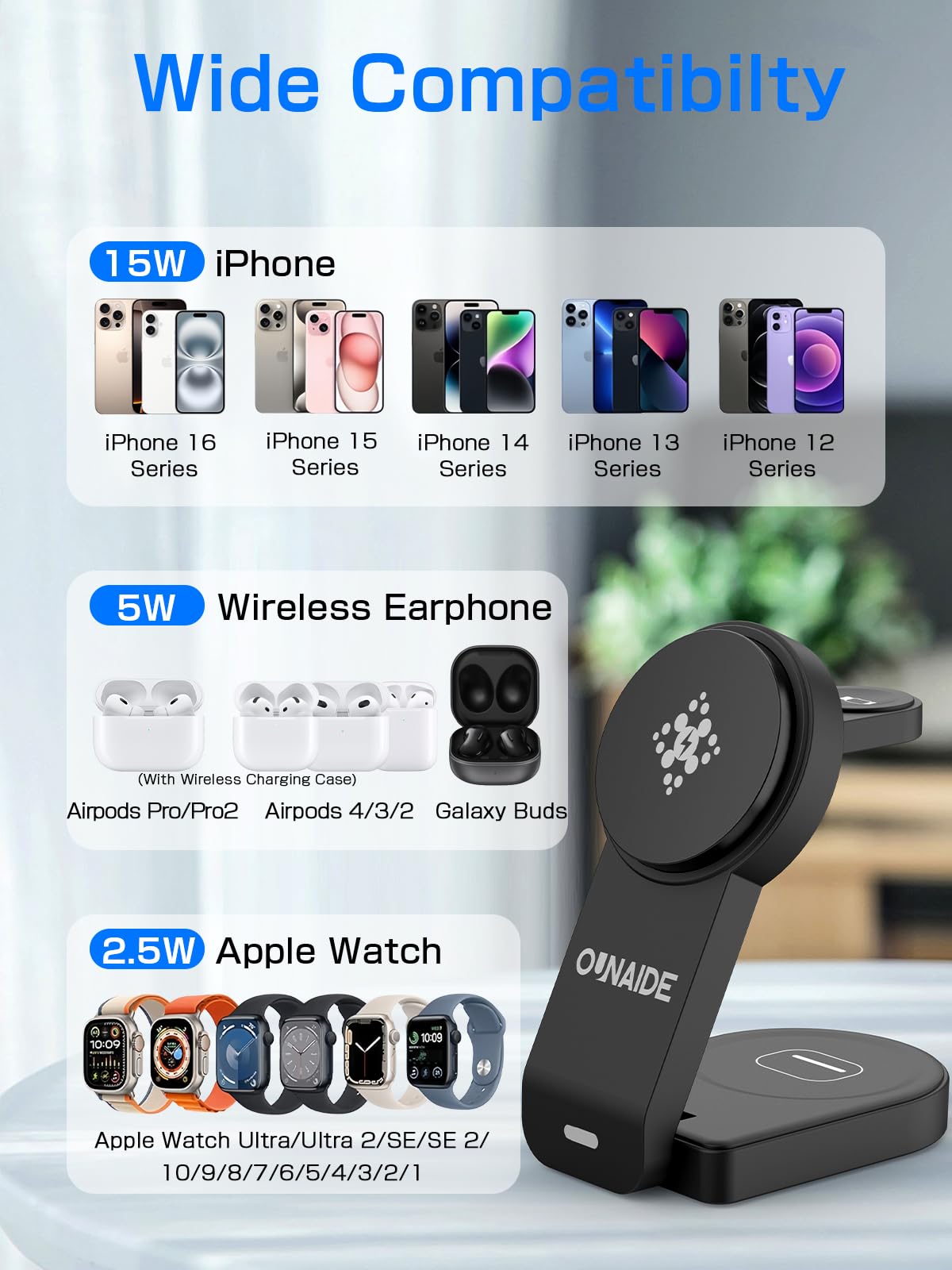 2025 Magnetic 3 in 1 Wireless Charger, Mag-Safe Charger Stand Wireless Charging Station for Apple iPhone 16/15/14/13/12 Series, for Apple Watch and Airpods, 18W Foldable Fast Charging Dock - Black
