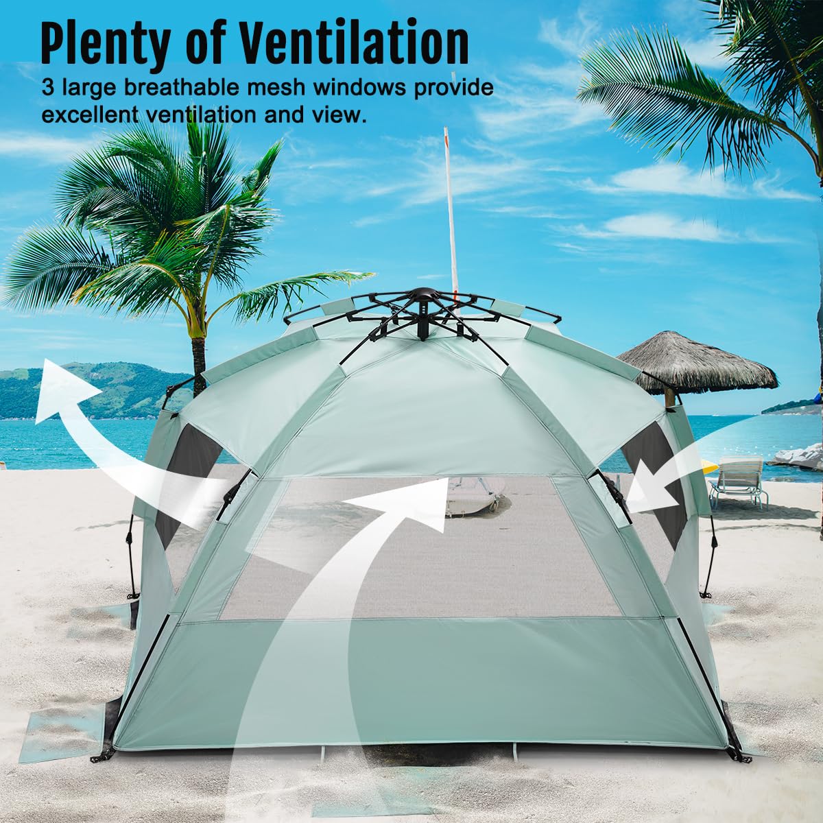 WhiteFang XL Pop Up Beach Tent Sun Shade Shelter for 3-4 Person with Blackout Shelter, UV Protection, Extendable Floor with 3 Ventilating Windows Plus Carrying Bag, Stakes, and Guy Lines (Mint Green)