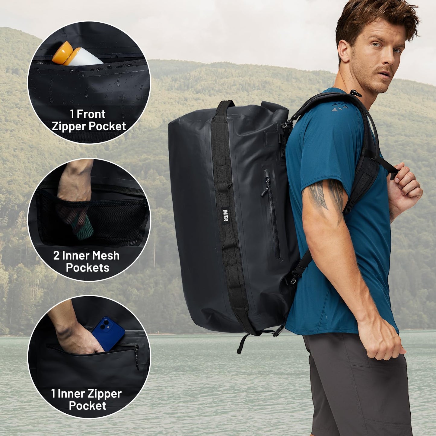 MIER Large Waterproof Duffel Bag Rolltop Dry Backpack Duffle Bags for Kayaking, Rafting, Boating, Swimming, Camping, Travel, Gym, Beach, 60L, Black