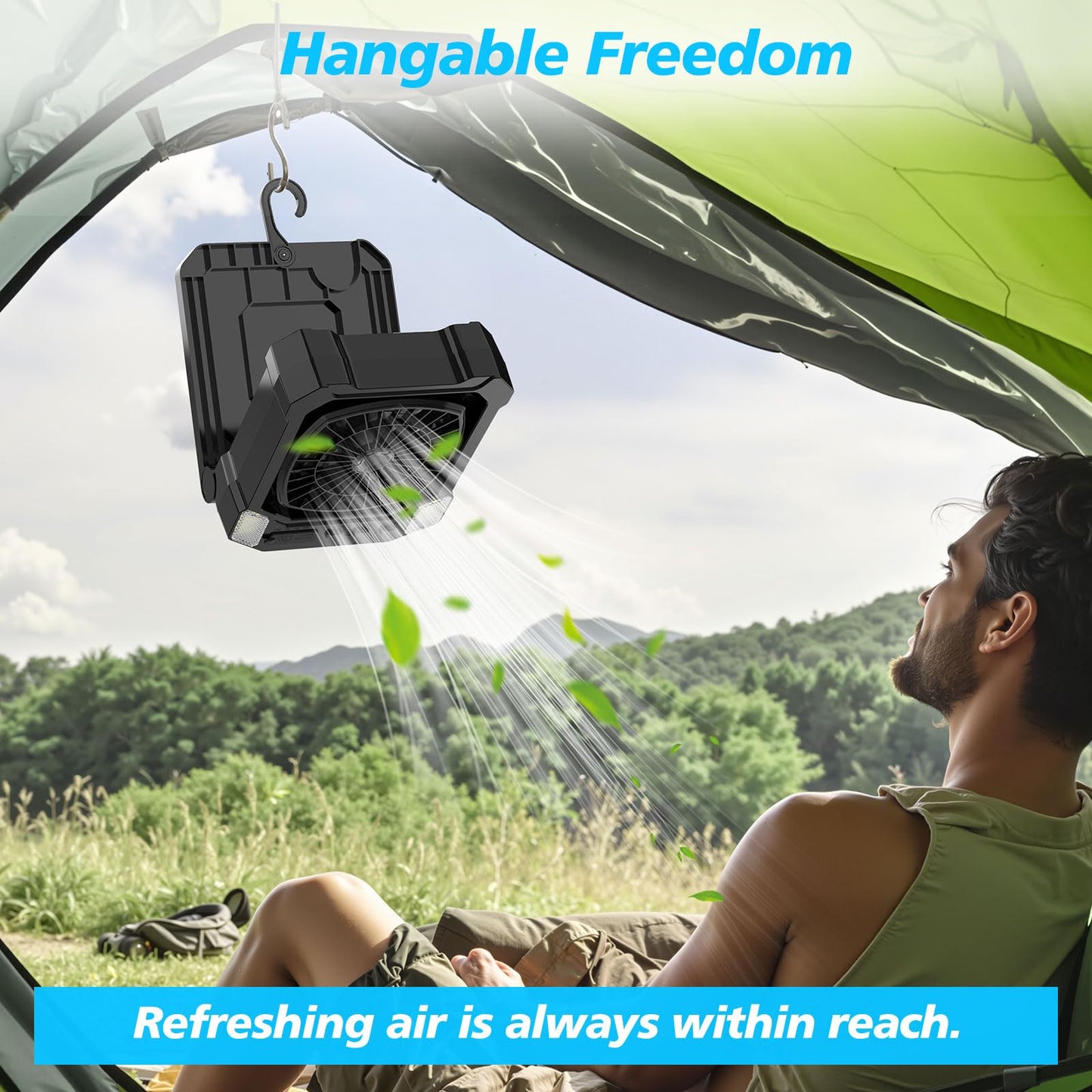 Camping Fan Solar Powered, Portable Solar Fan 10000mAh USB Rechargeable Battery Operated with Light, Quiet Outdoor Fans for Tent, RV, Emergency, Hiking, Power Outage, Desk, Greenhouse, Survival Kit