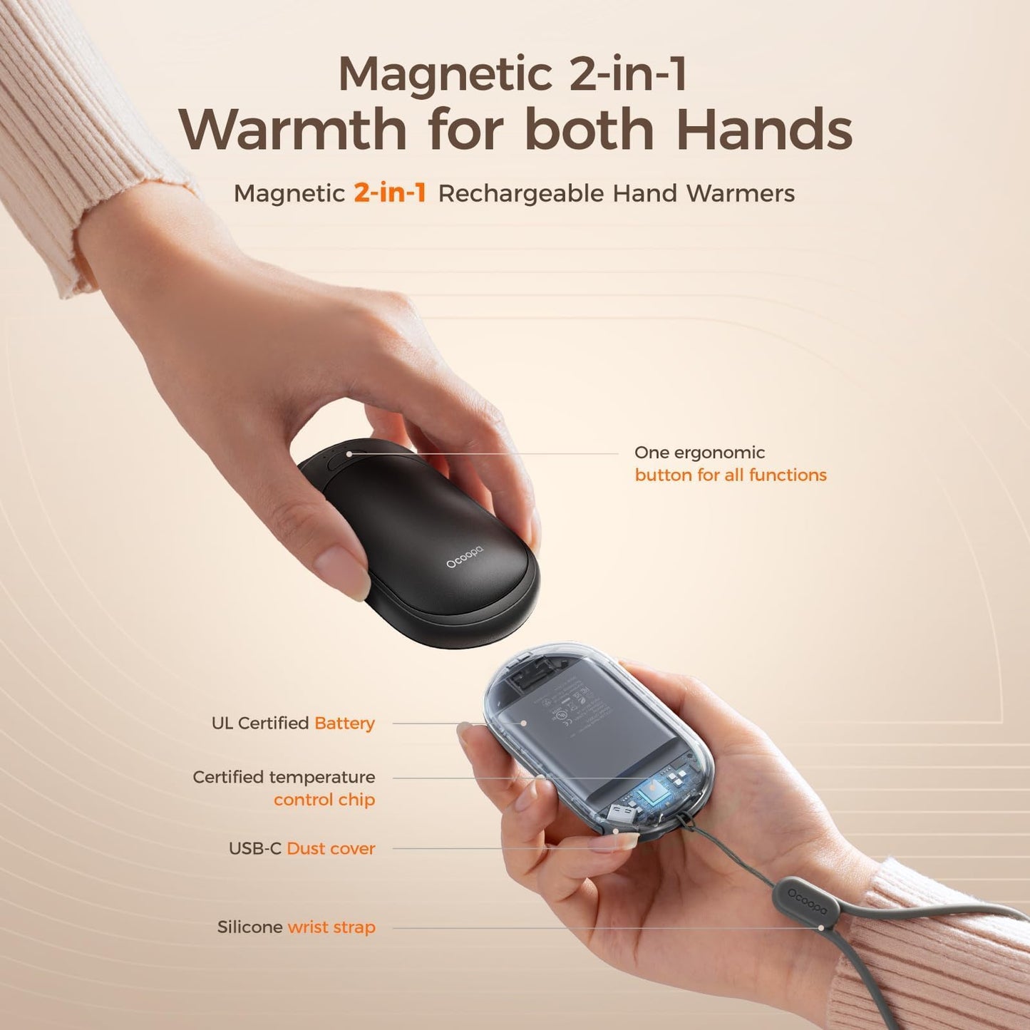 OCOOPA 2in1 Magnetic Rechargeable Hand Warmers 2 Pack, Electric Hand Warmer, Pocket Battery Operated Heater, UL Certified, 3 Heat Settings, Tech Gifts for Men,Purse Must Haves, Essentials, UT3 Lite