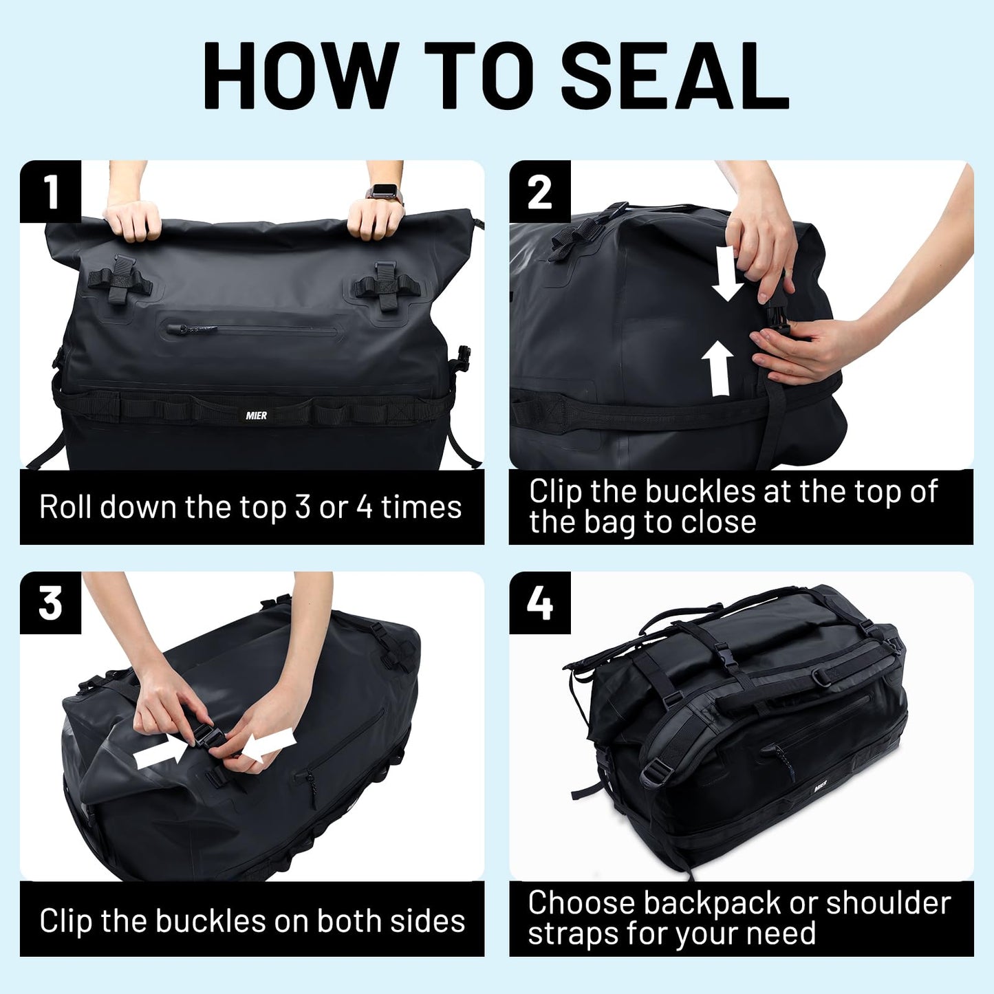 MIER Large Waterproof Duffel Bag Rolltop Dry Backpack Duffle Bags for Kayaking, Rafting, Boating, Swimming, Camping, Travel, Gym, Beach, 60L, Black