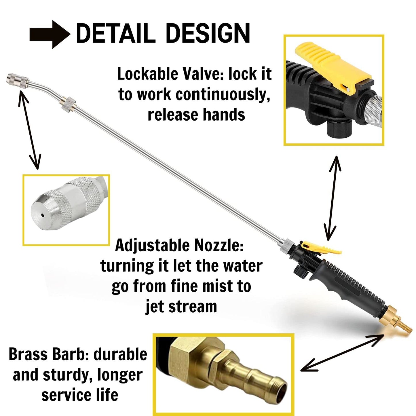 29'' Sprayer Wand Replacement, 1/4" & 3/8" Brass Barb Universal Stainless Sprayer Wand with Shut off Valve, Adjustable Watering Wand with 2 Hose Clamps & 1 Tape