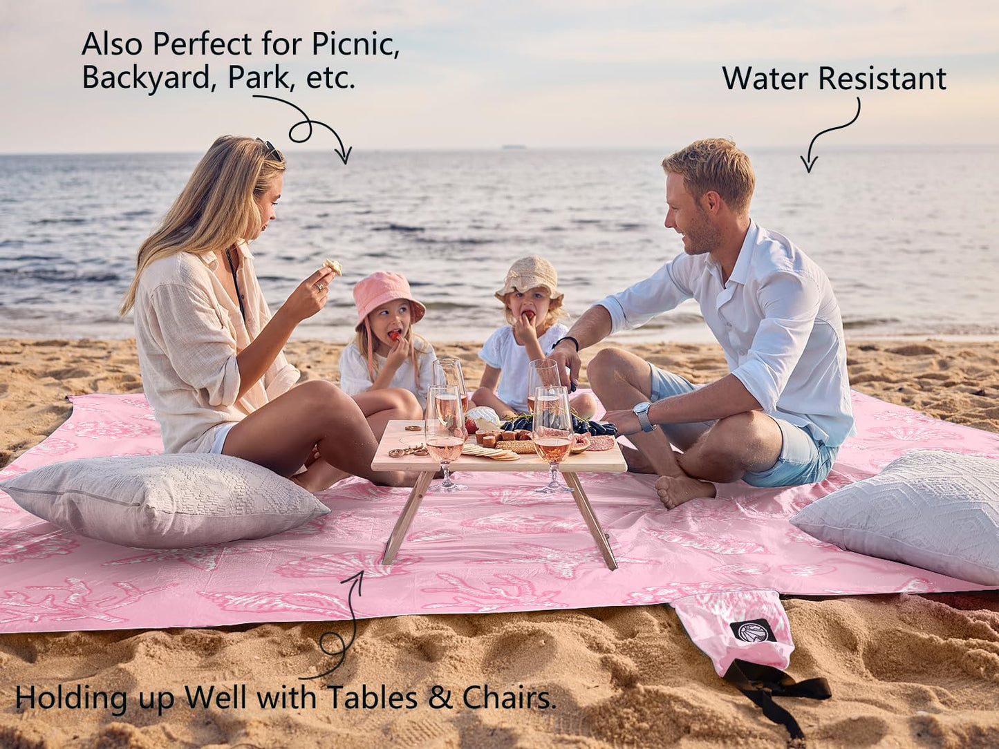 WEKAPO Beach Blanket Waterproof Sandproof Oversized, Extra Large Beach Mat Sand Free, Lightweight & Compact Sand Free Mat with 6 Stakes & 4 Corner Pockets (Pink Sea Shells, 11 x 9 FT (1~9 Person))