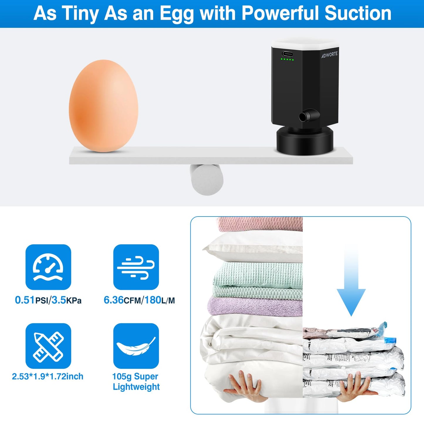 Cordless Electric Pump for Vacuum Storage Bags Travel Air Pump for Various Space Saver Bags Portable Rechargable Seal Bag Pump for Compression Clothes, Blanket, Luggage (Storage Bag Not Included)
