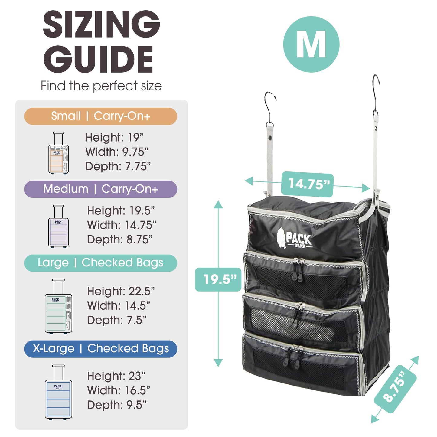 Pack Gear Hanging Carry-On Organizer - Our Fitted Hanging Luggage Organizer Perfectly Fits Any Carry On - Our Packing Cubes For Travel Use Mesh Windows to Make Finding Clothes Easy (Black, M)