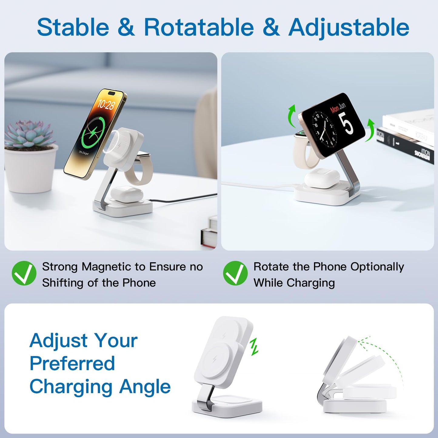 2025 Traveling Wireless Mag-safe Fast Charging Station,Magnetic 3 in 1 Charger with Light for iPhone 16 15 14 13 12 Pro Max Plus,Apple Watch Series & Air pods 4 3 2 Pro-Gifts for Wife & Husband(White)